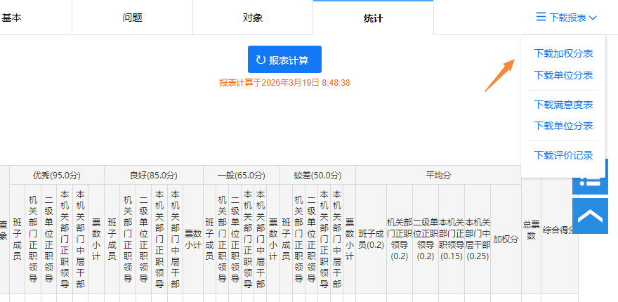 点击下载报表按钮，弹出下载菜单选项