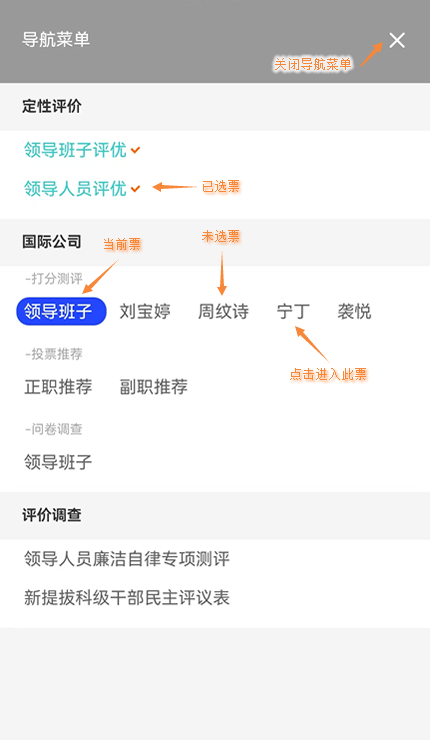 手机端导航菜单页面，显示所有要打分测评的内容