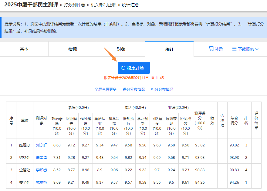点击报表计算按钮，系统根据投票记录计算得分