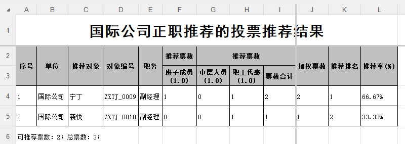 某公司所有推荐对象的推荐结果汇总表示例