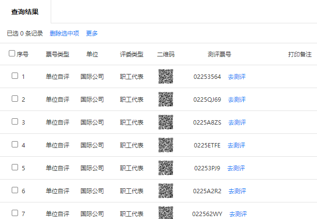 完成创建的国际公司自评票列表