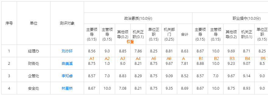 按评委类型展现的指标得分报表