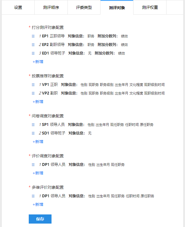 测评对象设置页面，展示不同类型的测评对象列表