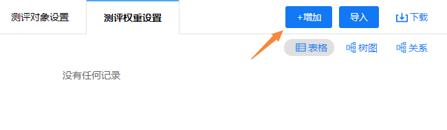 测评权重设置页面，点击增加按钮进入权重配置