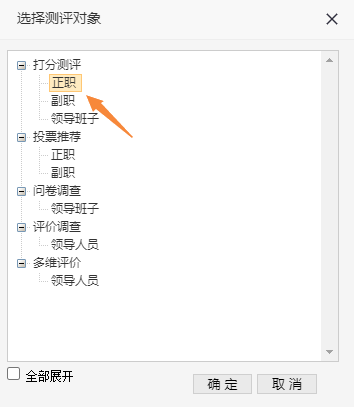 选择测评对象类型对话框，配置打分测评和正职类型