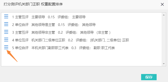 权重关系排序对话框，通过拖动调整测评关系顺序