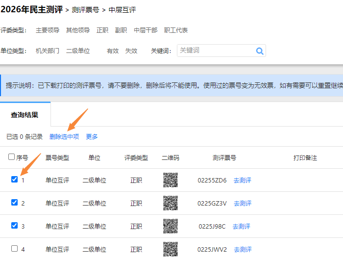 删除选中票号，勾选票号后点击删除选中项按钮