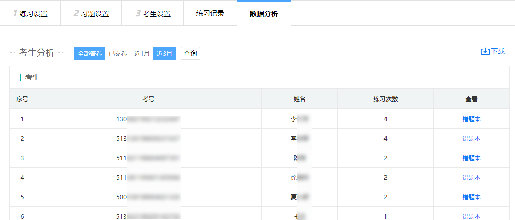 练习卷的数据分析页面