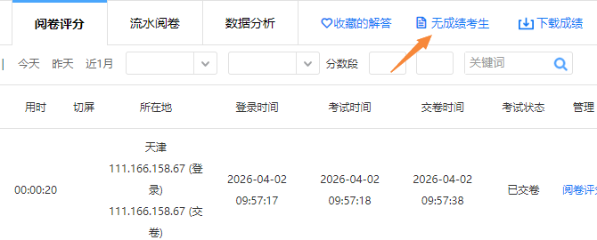 阅卷评分页面查看未考试或未交卷考生列表的入口