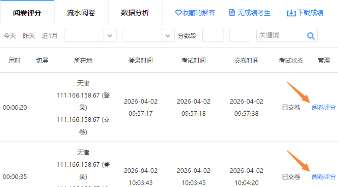 阅卷评分页面给考生阅卷的入口位置
