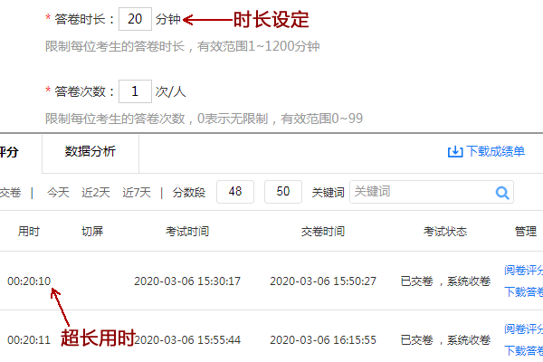 系统自动收卷的考生考试用时显示20分12秒