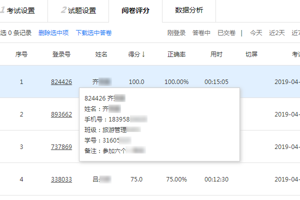 阅卷评分页鼠标悬停查看考生全部信息