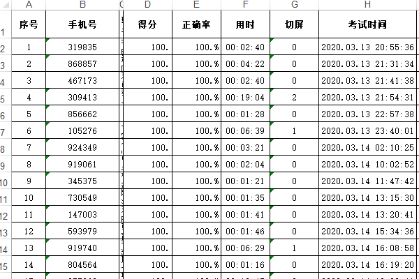 条件筛选后下载的考生成绩单示例