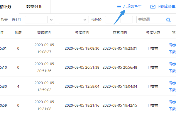 阅卷评分页面右上方无成绩考生按钮