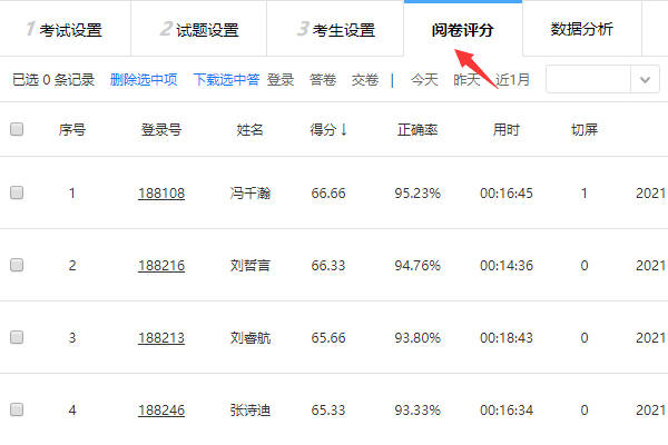 进入试卷的阅卷评分页面进行批阅