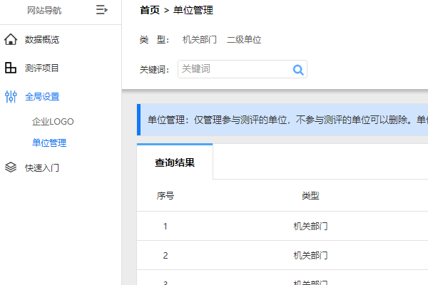 点击单位管理进入增加测评单位的入口