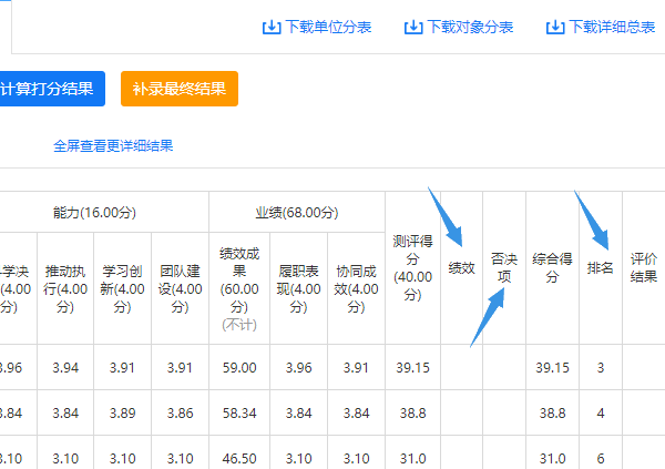 打分统计报表中绩效否决项等空值列