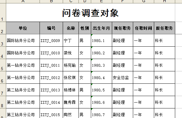 问卷调查与评价调查对象数据示例