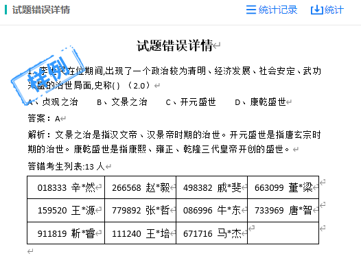试卷数据分析页面试题错误详情报表