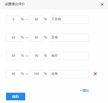 考试结果页面按分数段设置评价文字的界面
