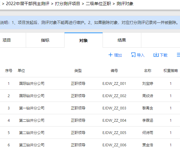 被测评人考核人信息在民主测评项目中的管理位置