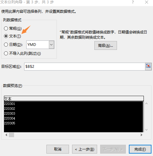 分列向导第三步列数据格式选择文本点击完成