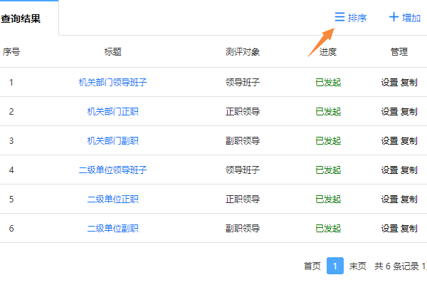 进入打分测评栏目点击排序按钮调整项目顺序