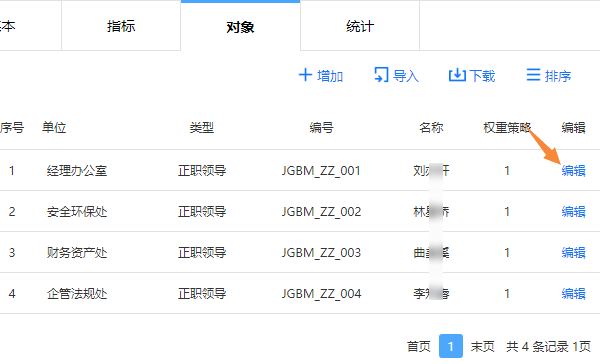 点击编辑按钮修改测评对象名称单位权重策略
