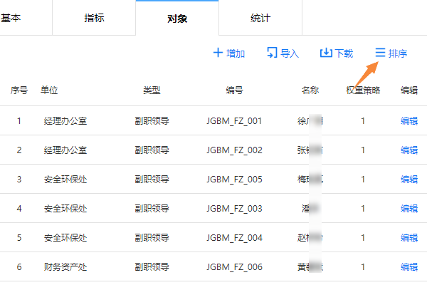 进入测评对象页面点击排序按钮