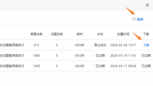 点击刷新按钮查看试题错误率排行文件生成状态