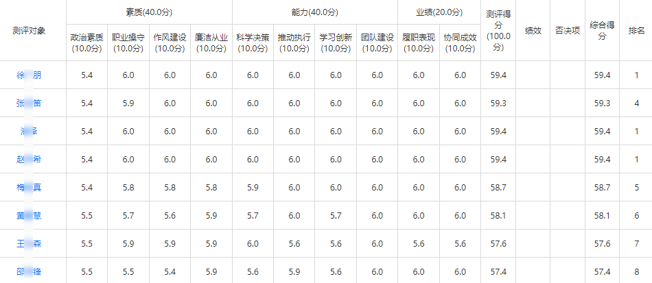 民主测评评分汇总报表效果展示