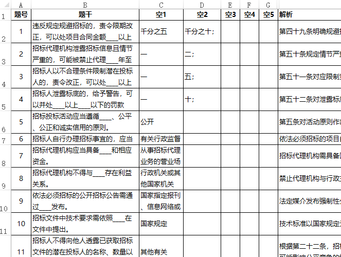 Excel格式的填空题样例展示