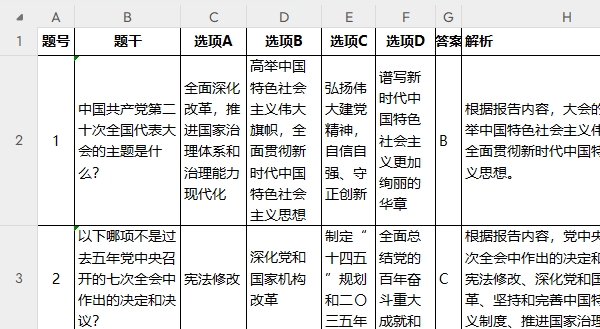 AI生成的Excel版单选题样例展示