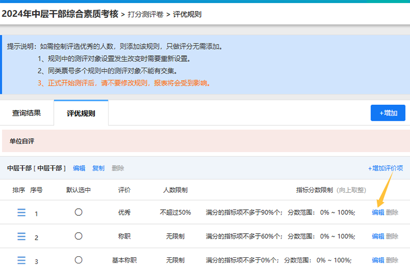 打分测评评优规则栏目及评价项列表