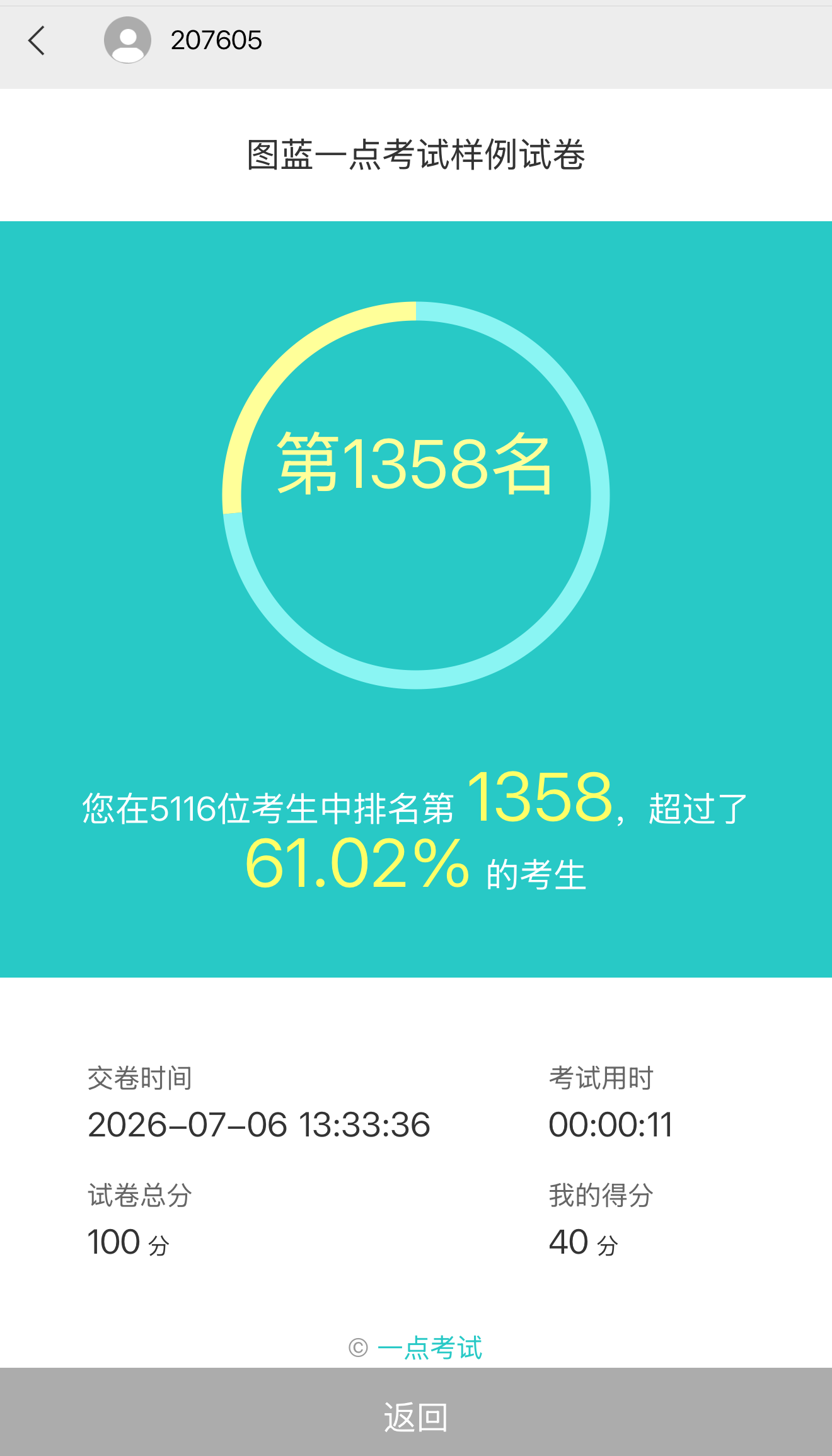 点击“排名”链接查看本次考试排名
